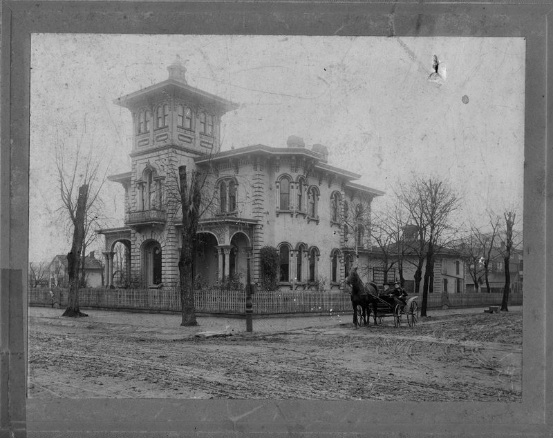 3 views of the impressive house at 1001 Washington St., built by William H. Woods and later bought by Henry Leister, proprietor of the Leister House (Penn Hunt Hotel):
a. large studio print with Leisters in carriage on 10th St.
b.-c. very fragile small prints - probably earlier (tree in front much smaller)
All in separate envelopes.
Also see postcard collection for view of this house.
