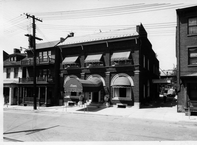 View of Brown's Funeral Home, 417 Washington, and adjacent buildings before they were removed about 1953