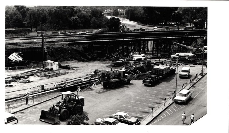 Two views of Portstown Arch - the new one:
a. construction underway; arch closed to traffic; looking toward Smithfield
b. later view with project complete and traffic using new arch; looking toward courthouse — Portstown Arch construction summer by Jay Schuck